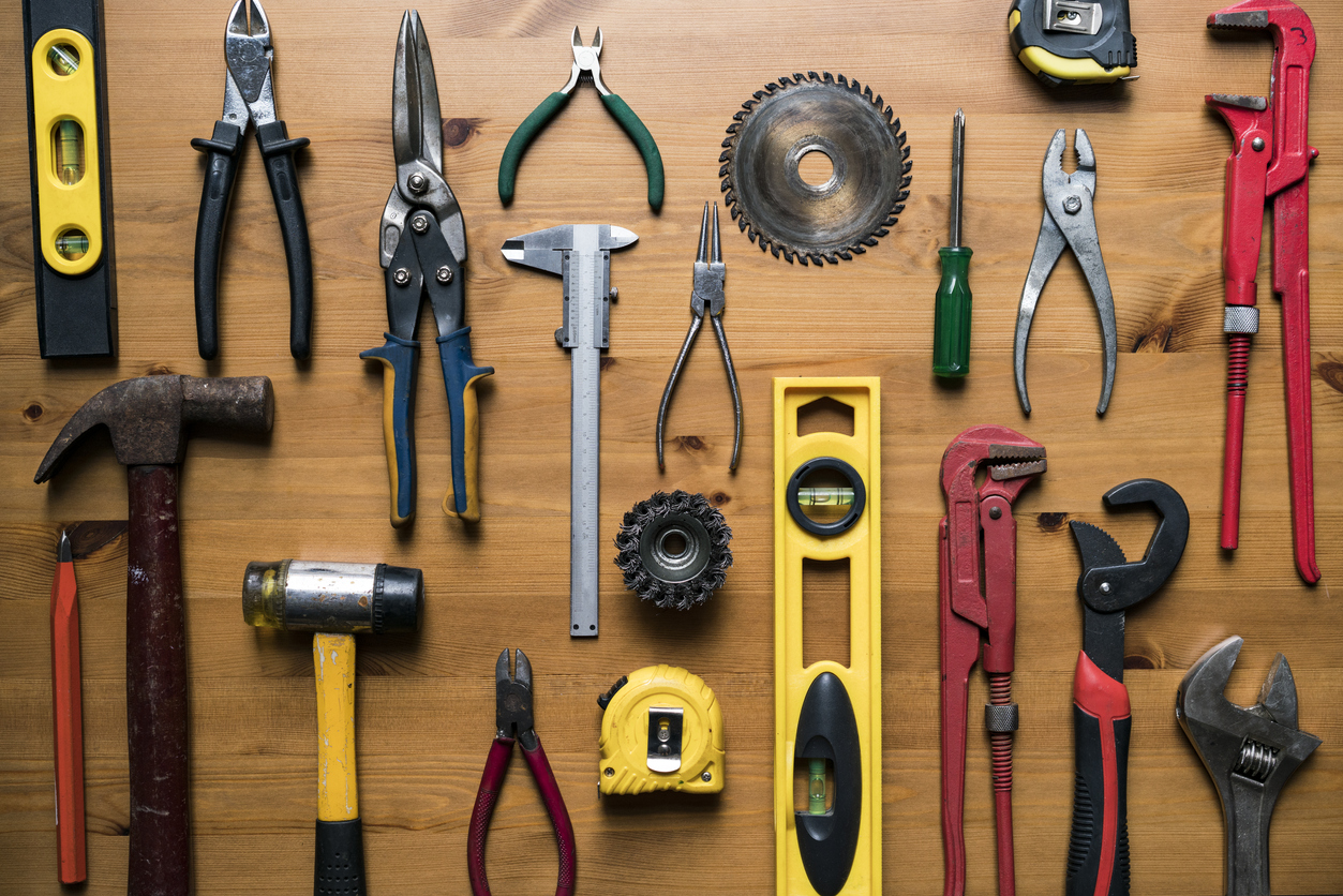 old tools on wood table background